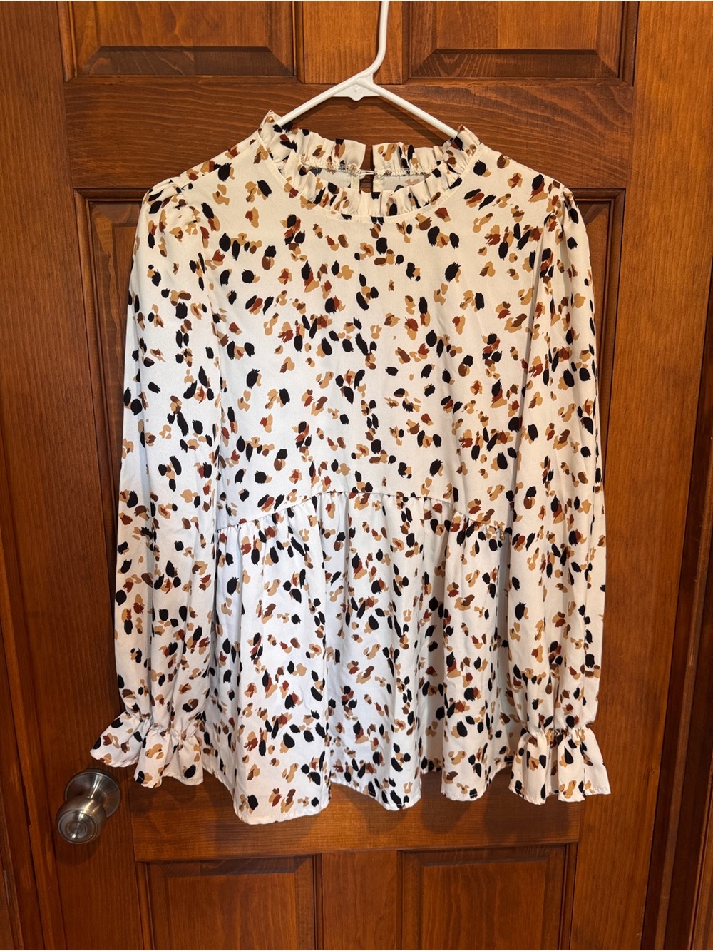 8B. Amazon Cream Ditsy Floral Peplum Blouse with Brown & Black Spots - Picture 2 of 8